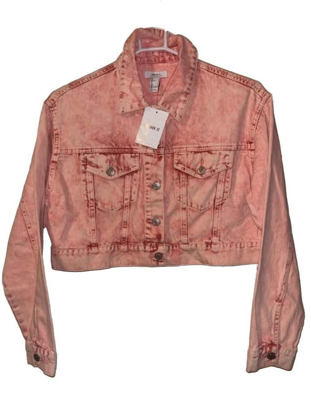 NWT Forever 21 Premium Acid Wash Cropped Denim Trucker Jacket Washed Pink size S